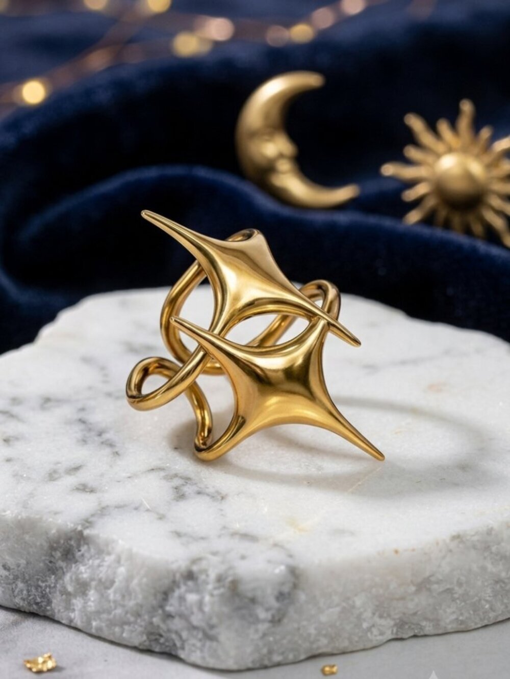 18K Gold Plated Stainless Steel Sculptural Star Ring Celestial Adjustable 7-10